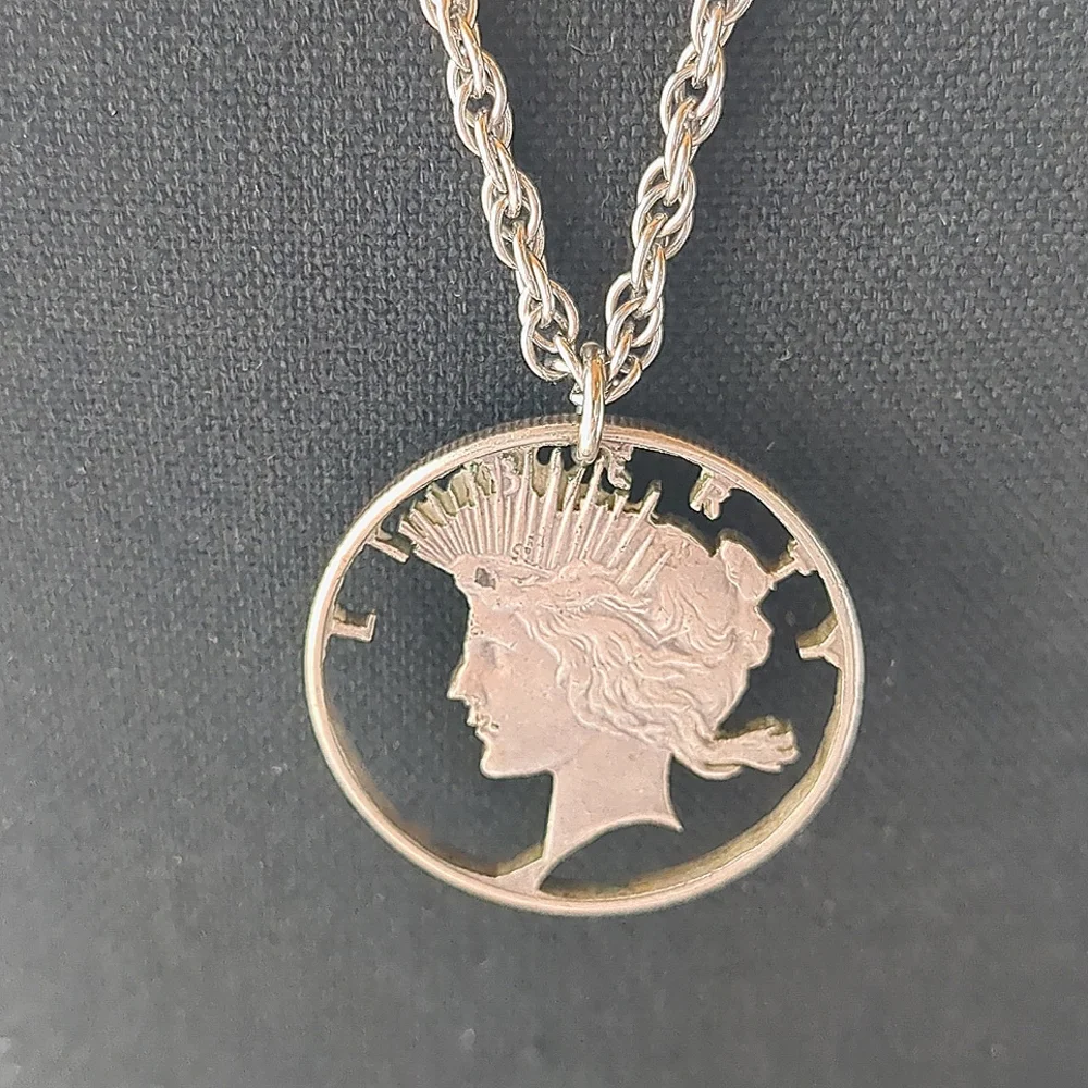 VTG 60s Silver Liberty Dollar Necklace, Pendant Custom Cut Out Head Authentic - Picture 2 of 6